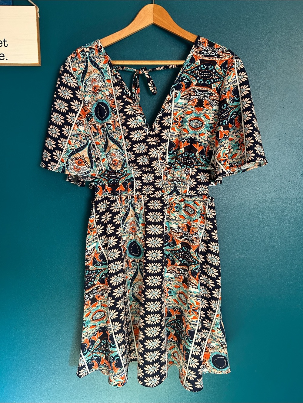 SHEIN Navy Floral Paisley V-Neck Tie-Back Dress